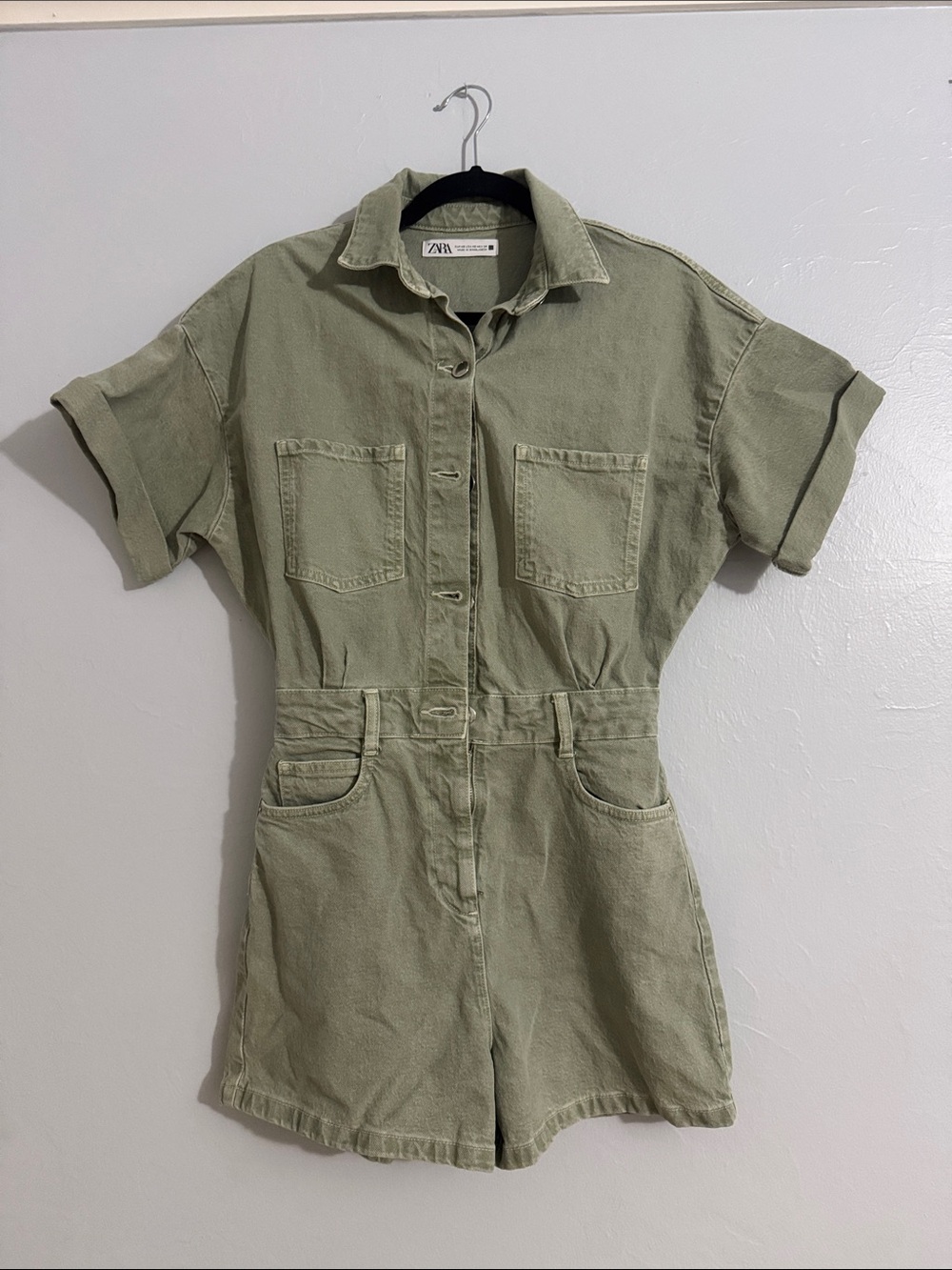 ZARA Olive Green Short Sleeve Cotton Jumpsuit Romper